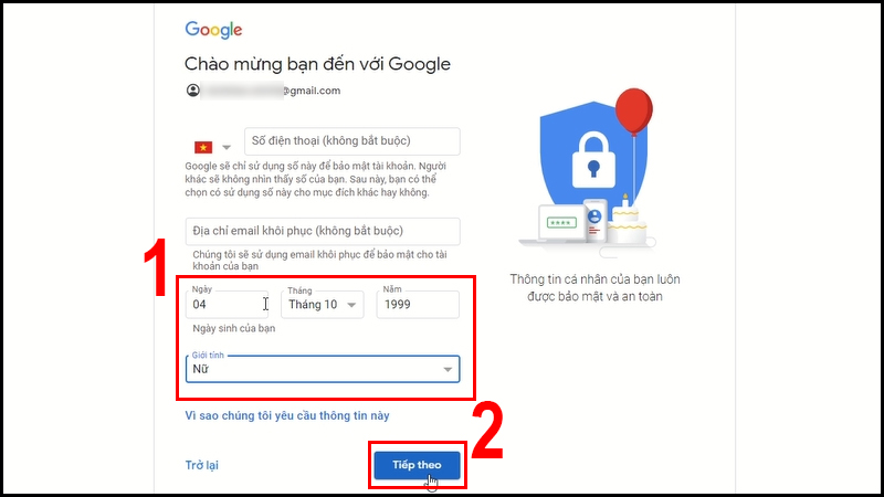 Chọn Tiếp theo sau khi nhập ngày tháng năm sinh và giới tính
